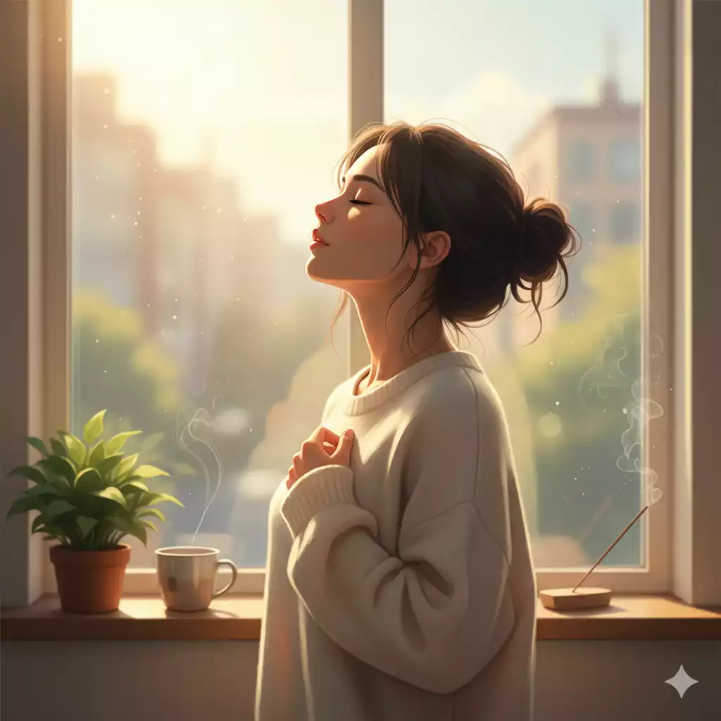 Mulher em silêncio cultivando foco e objetivo com respiração