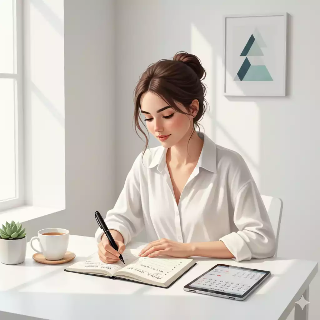 Mulher escrevendo metas no caderno com foco e objetivo