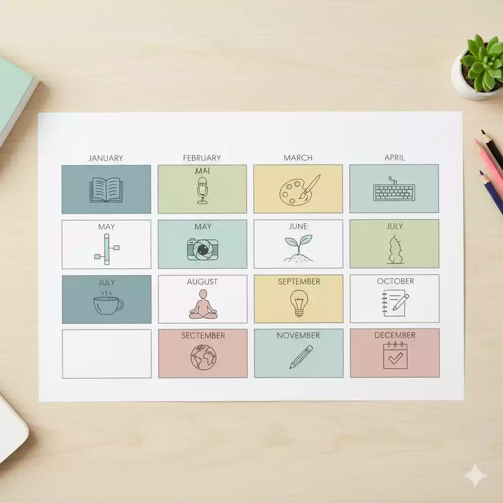 ilustração com 12 ideias visuais para aprender algo novo ao longo do ano