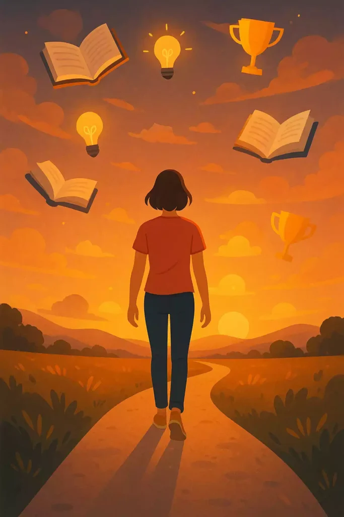pessoa caminhando por uma estrada com ícones flutuantes de aprendizado