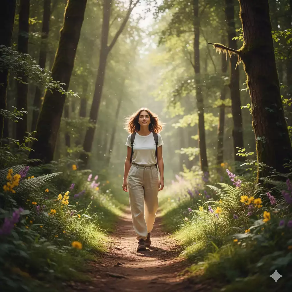 Mulher caminhando confiante representando metas batidas com propósito