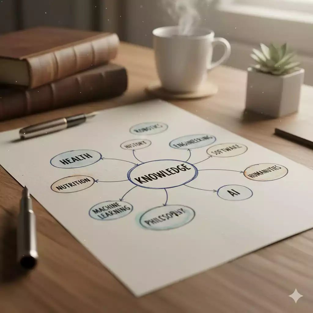 Mapa mental com áreas de estudo como saúde, tecnologia e humanas.