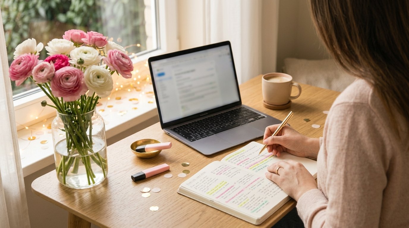 Mulher estudando no notebook em uma mesa delicada, escolhendo o melhor curso para fazer em 2027.