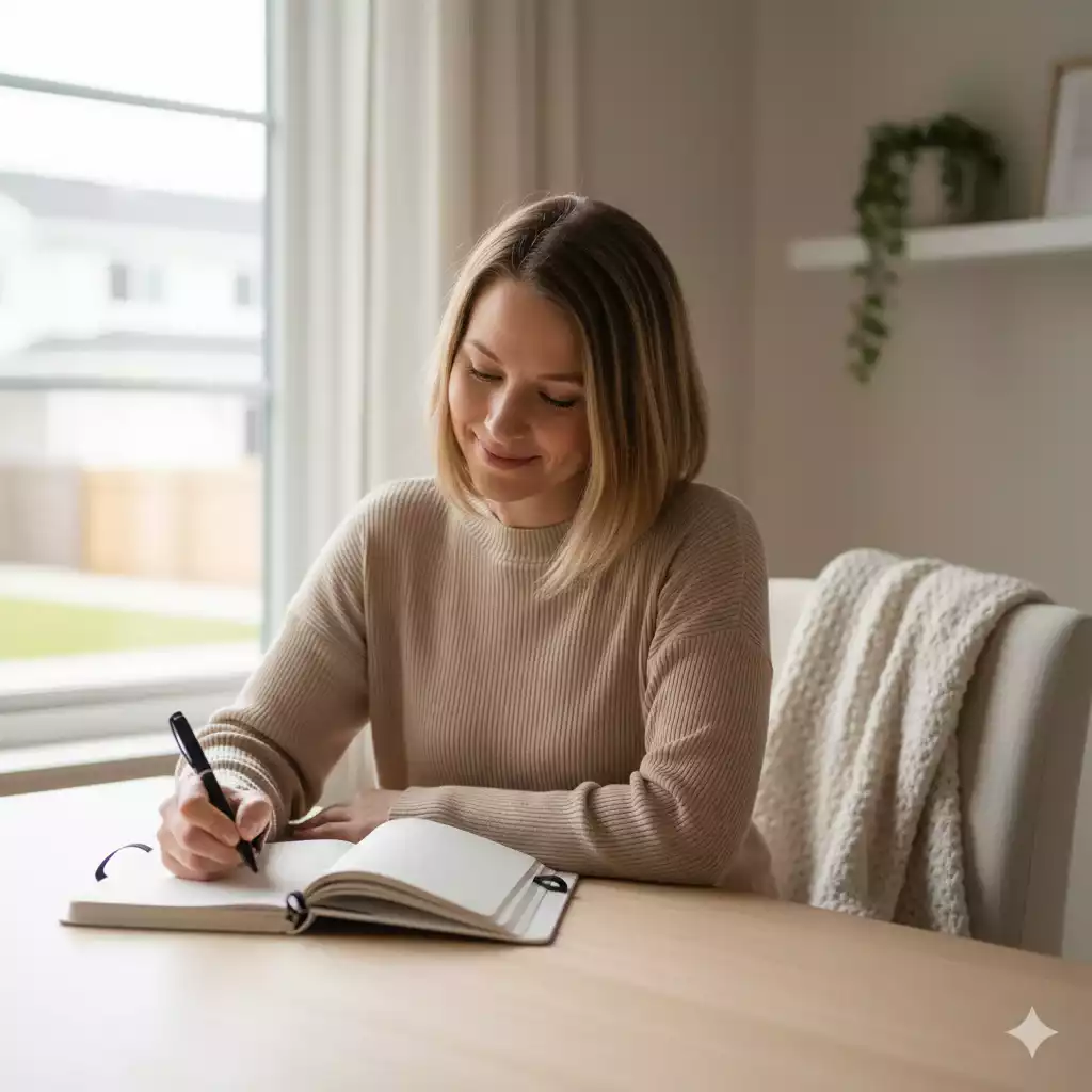 Mulher escrevendo metas batidas em planner com leveza
