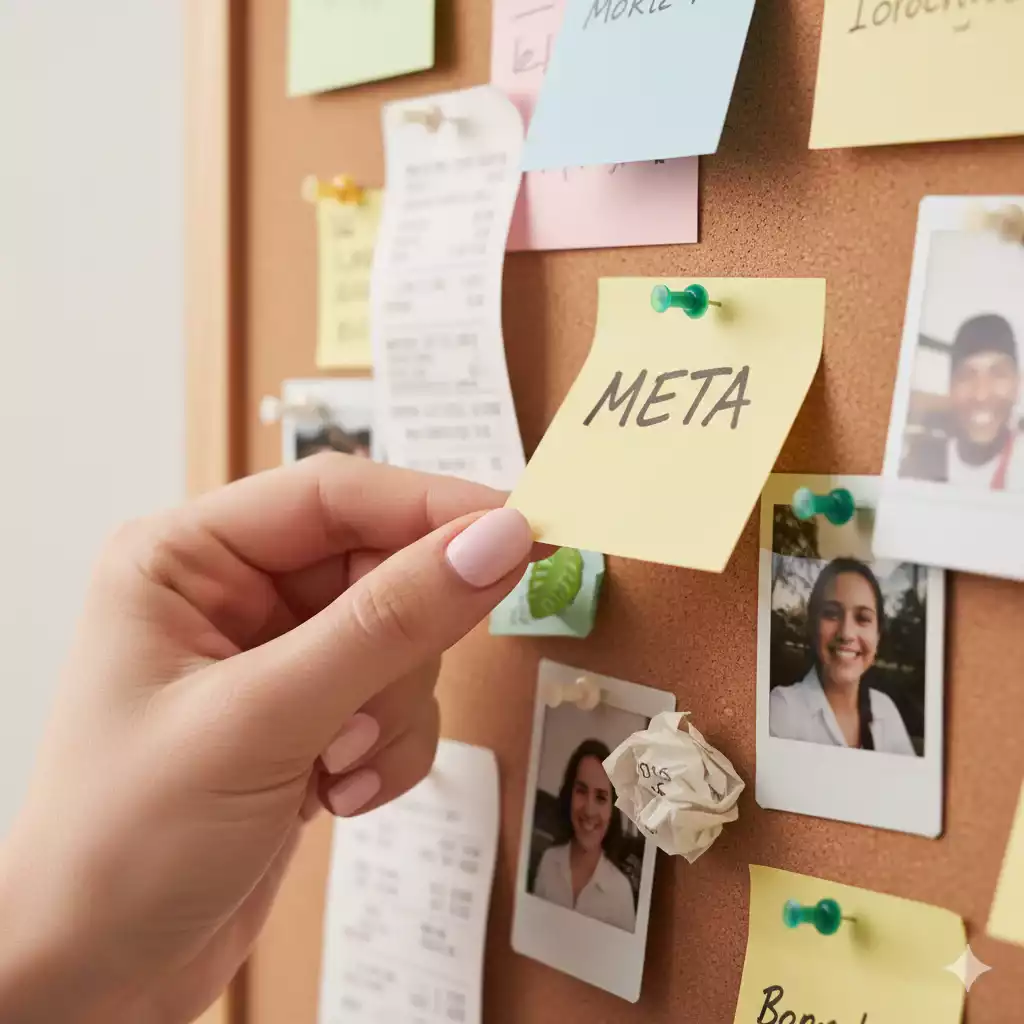 Mão feminina fixando post-it com metas batidas em mural