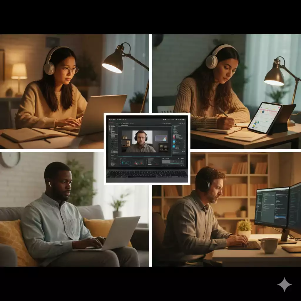 Pessoas de diferentes idades estudando com notebooks e plataformas digitais.