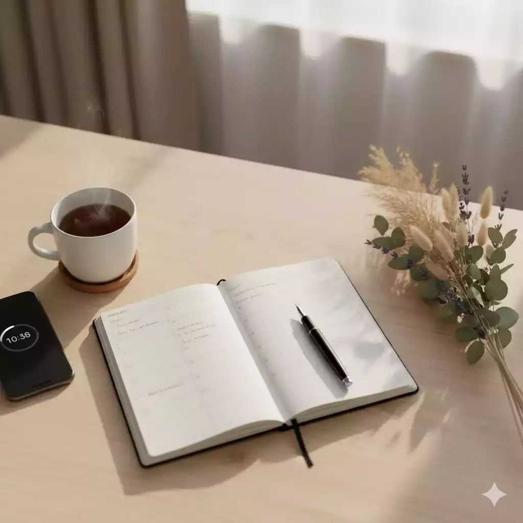 Mesa organizada com planner e chá para planejamento de metas batidas