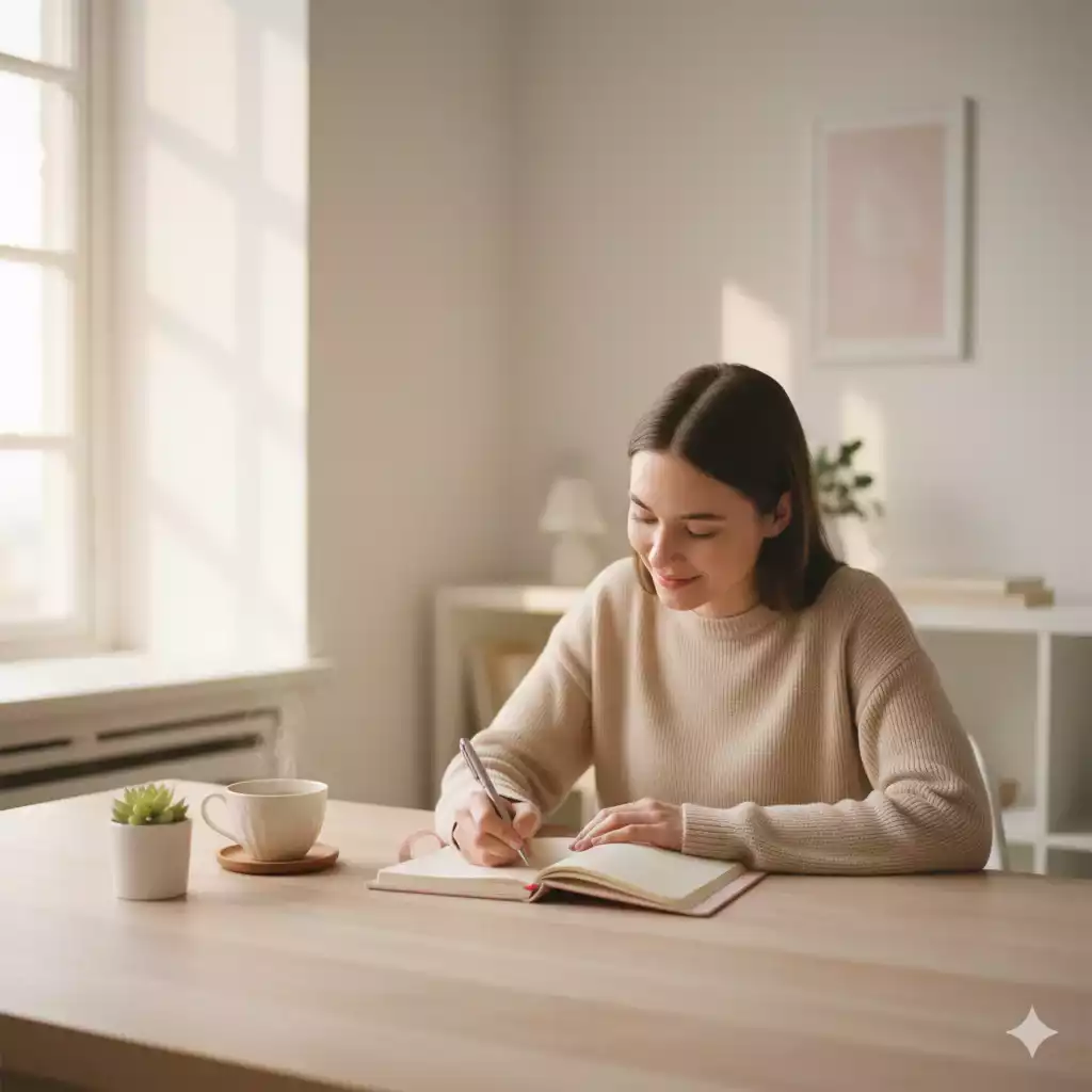 mulher com caderno e caneta organizando seu planejamento de vida