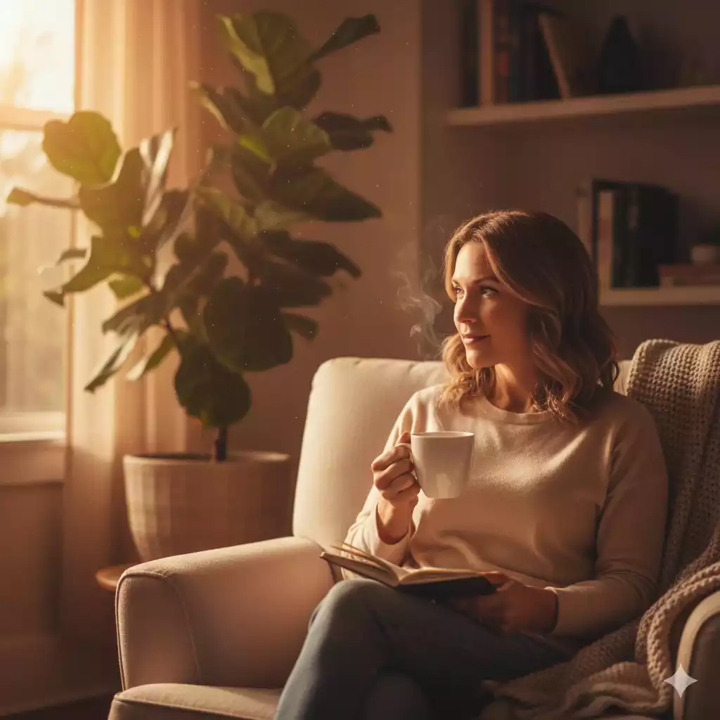 Mulher planejando com leveza e conforto em ambiente acolhedor