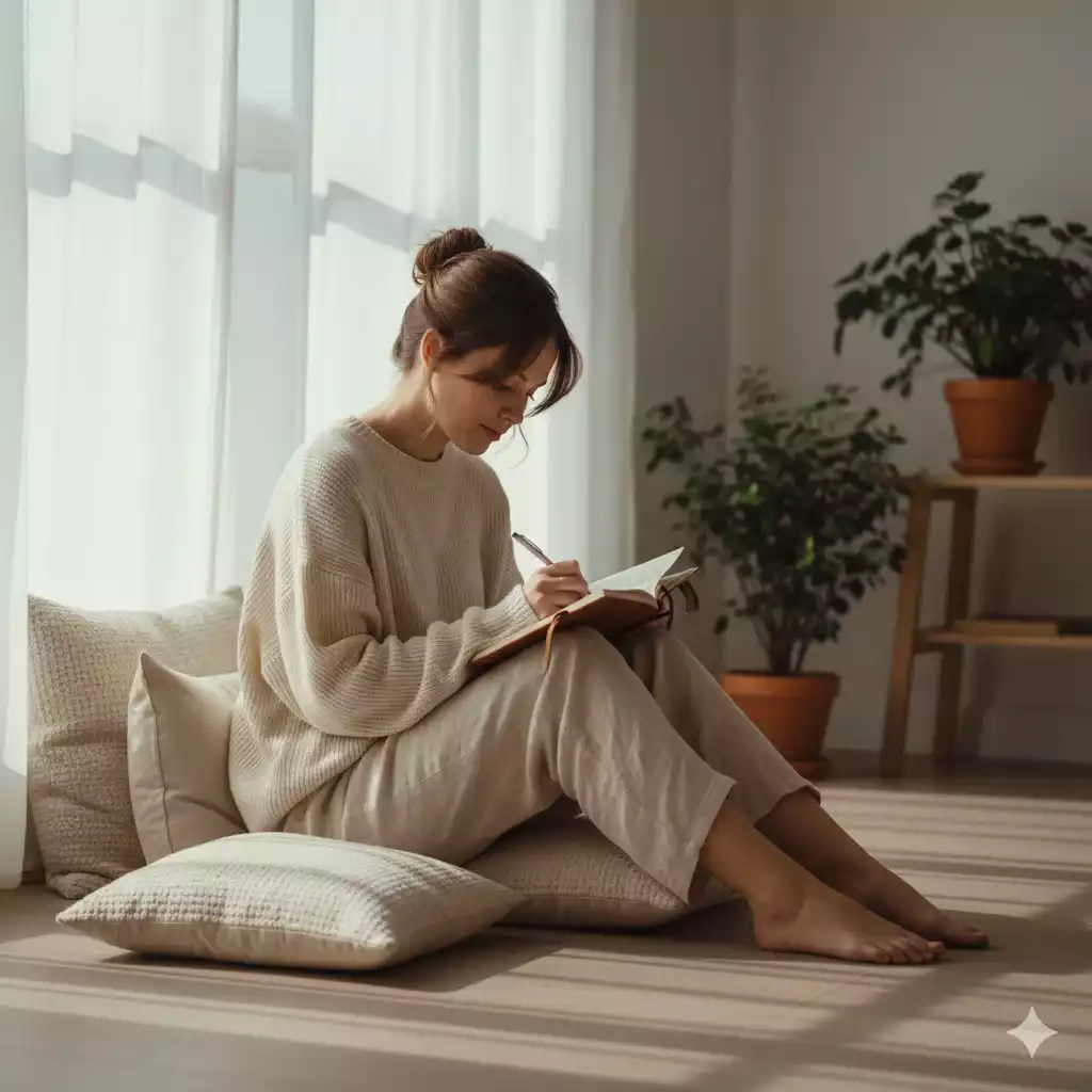 Mulher escrevendo sobre o que é autoconhecimento em diário pessoal