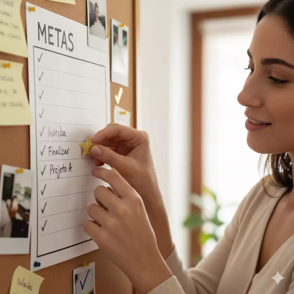 Mulher celebrando pequenas conquistas em metas batidas