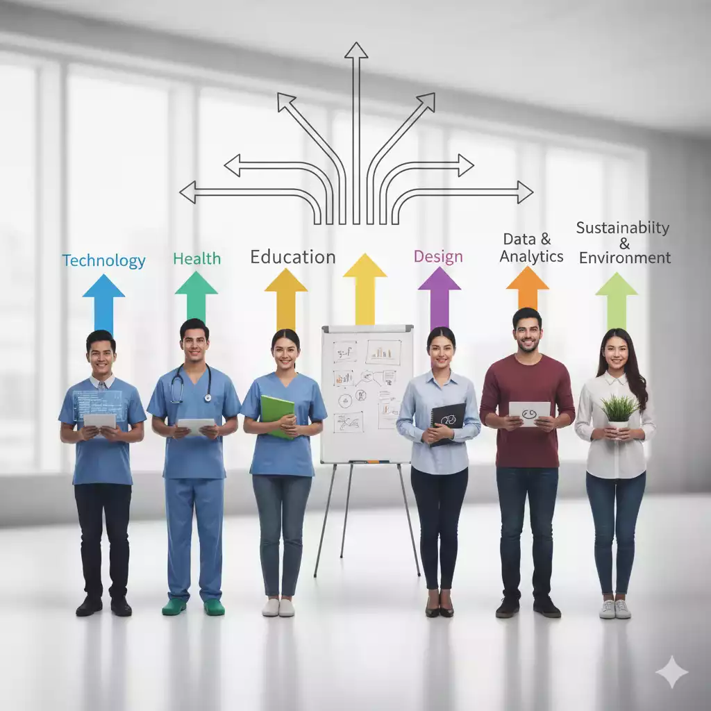 Jovens refletindo sobre qual profissão escolher em um cenário de múltiplas opções de carreira.