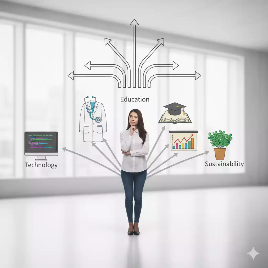 Jovem em dúvida sobre qual profissão seguir, cercada por ícones de carreiras.