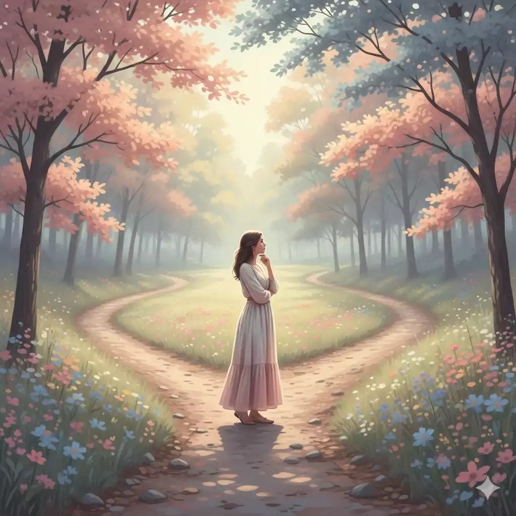 Mulher em encruzilhada avaliando resultados e caminhos