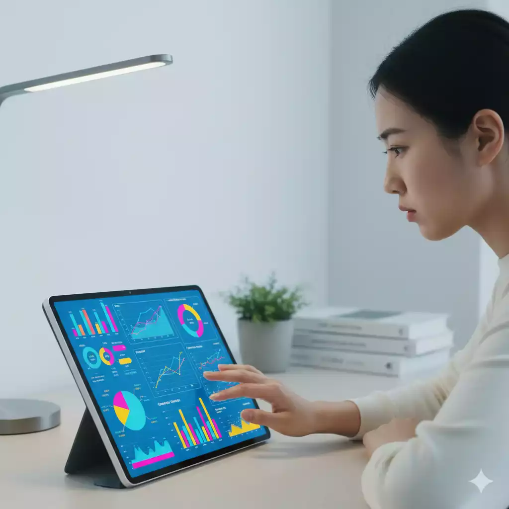 Estudante feminina olhando gráficos sobre cursos e tendências de mercado