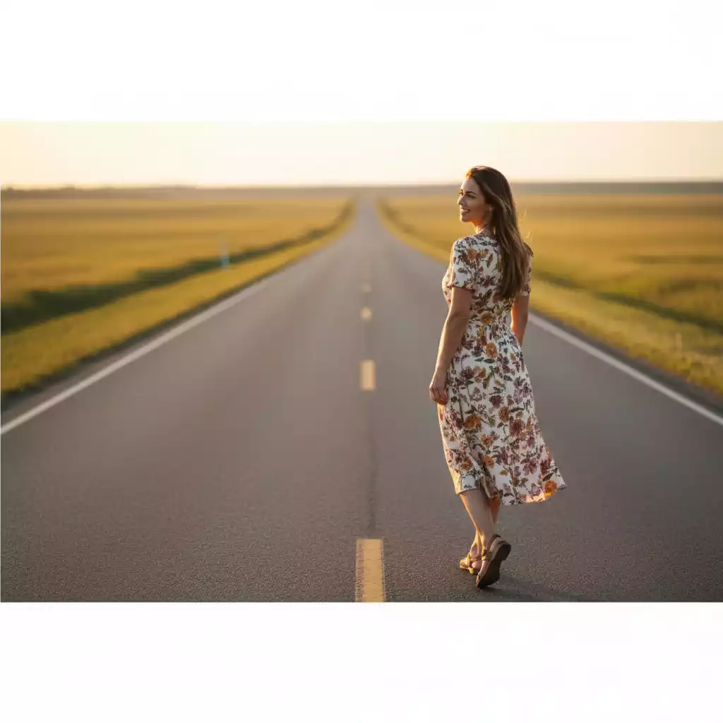 mulher caminhando em estrada com expressão confiante, simbolizando ter direção no planejamento de vida