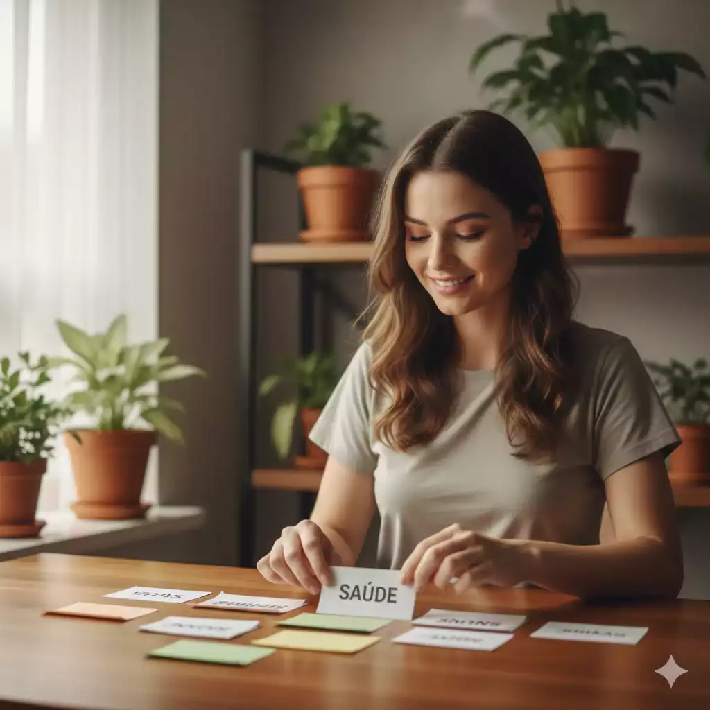 mulher reorganizando prioridades durante revisão de metas pessoais