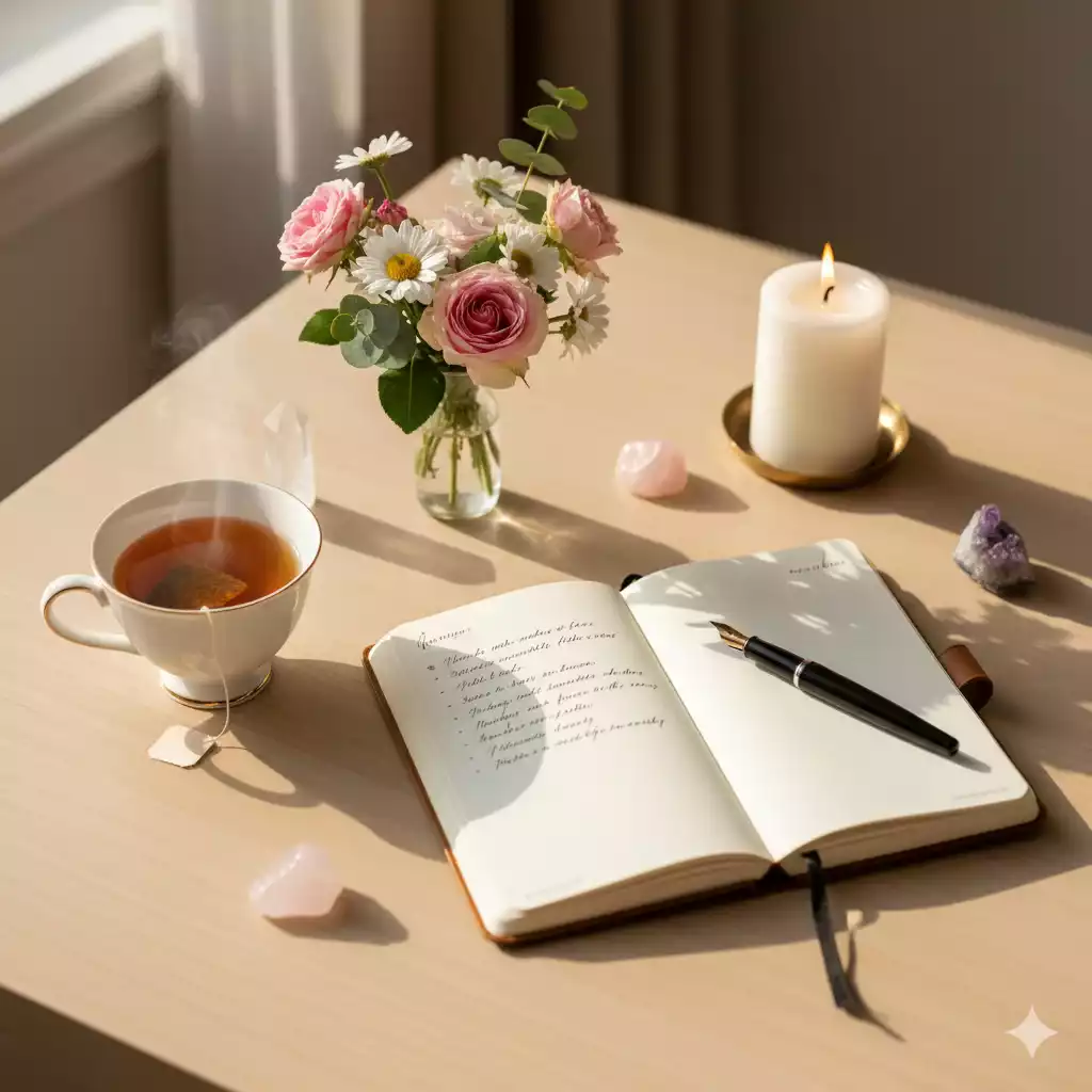 Cena suave e feminina com caderno e chá, simbolizando o que significa constância em hábitos diários