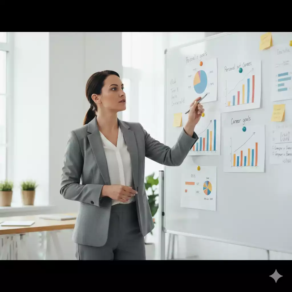 mulher avaliando painel de metas em processo de revisão contínua