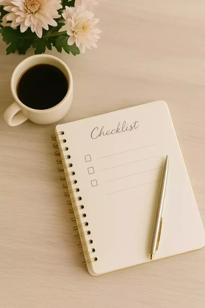 Planner com checklist e café, representando técnicas para avaliar o aprendizado