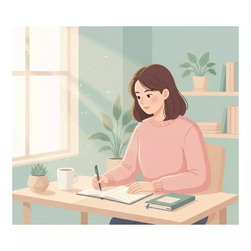 Mulher refletindo sobre o ano em seu planner, avaliando o aprendizado com calma