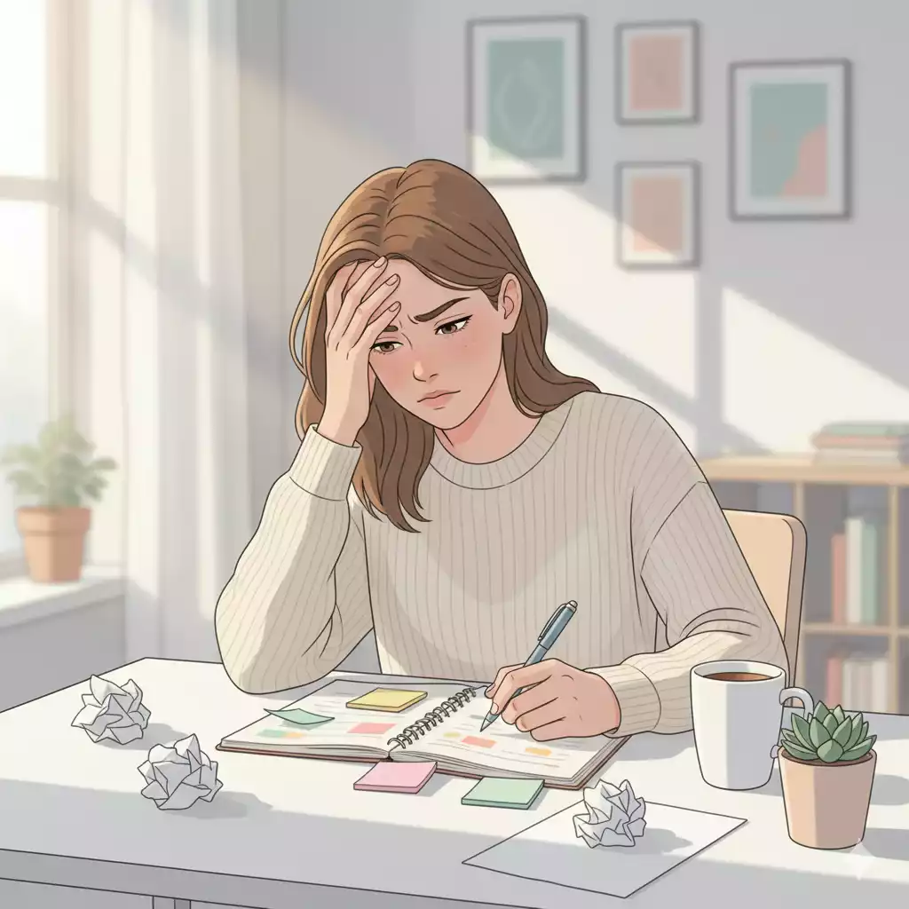 Mulher frustrada tentando avaliar o aprendizado e evitar os mesmos erros