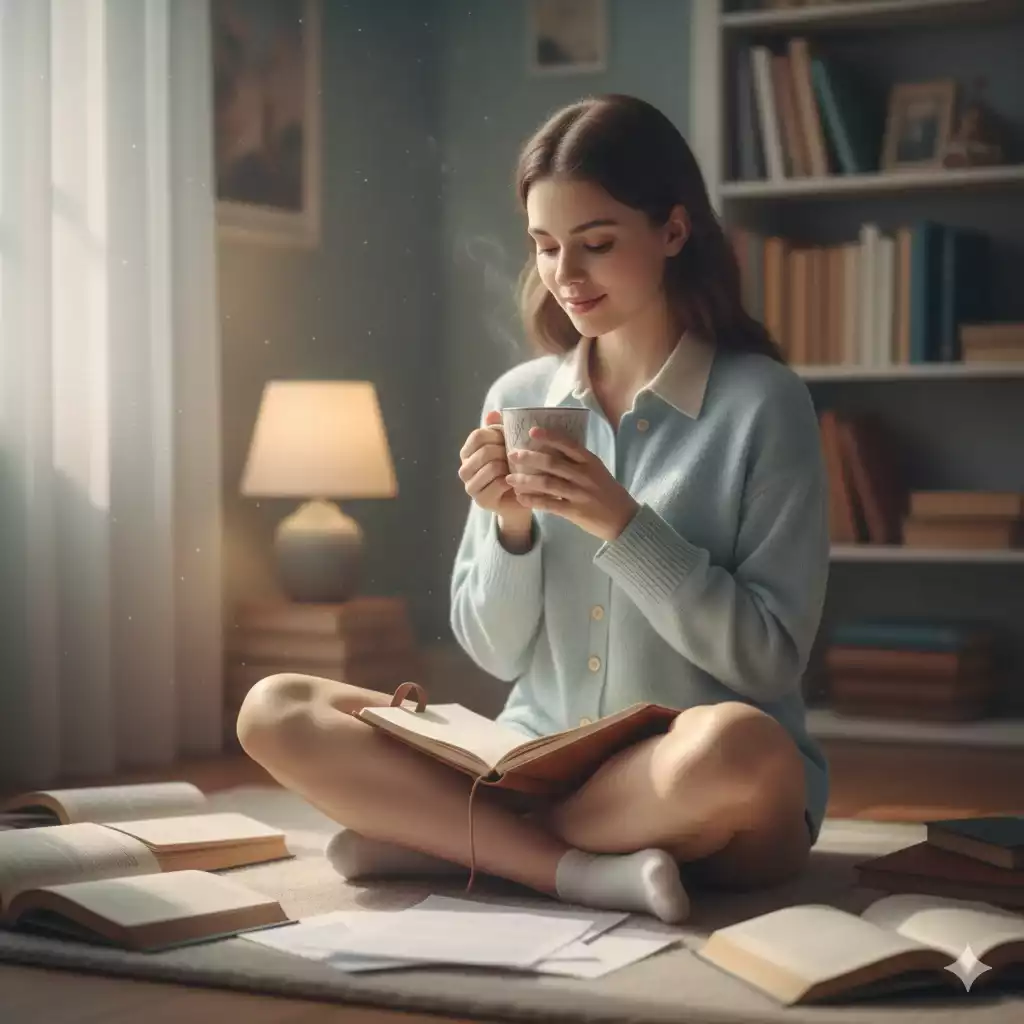 Mulher sentada com chá e caderno, avaliando o aprendizado no fim do ano