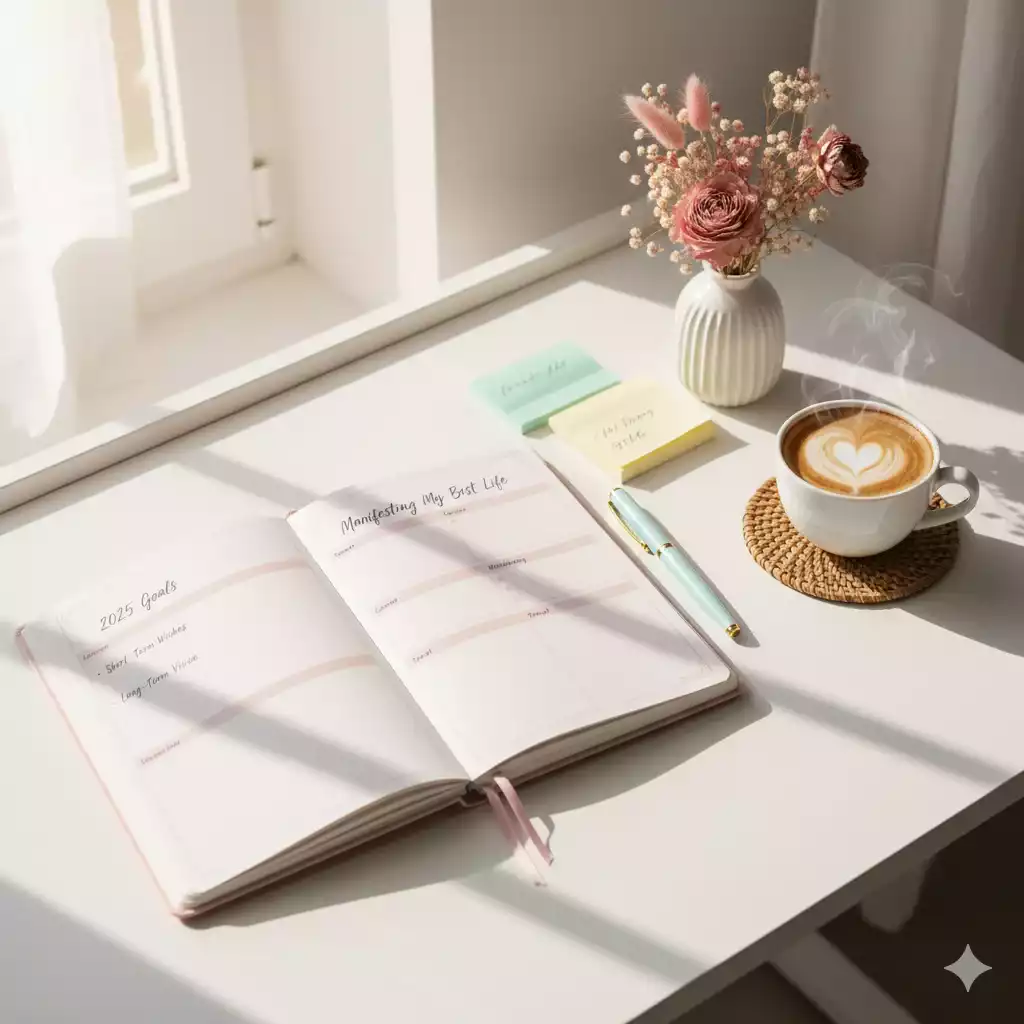 Caderno de planejamento com metas para o novo ano sobre mesa feminina iluminada