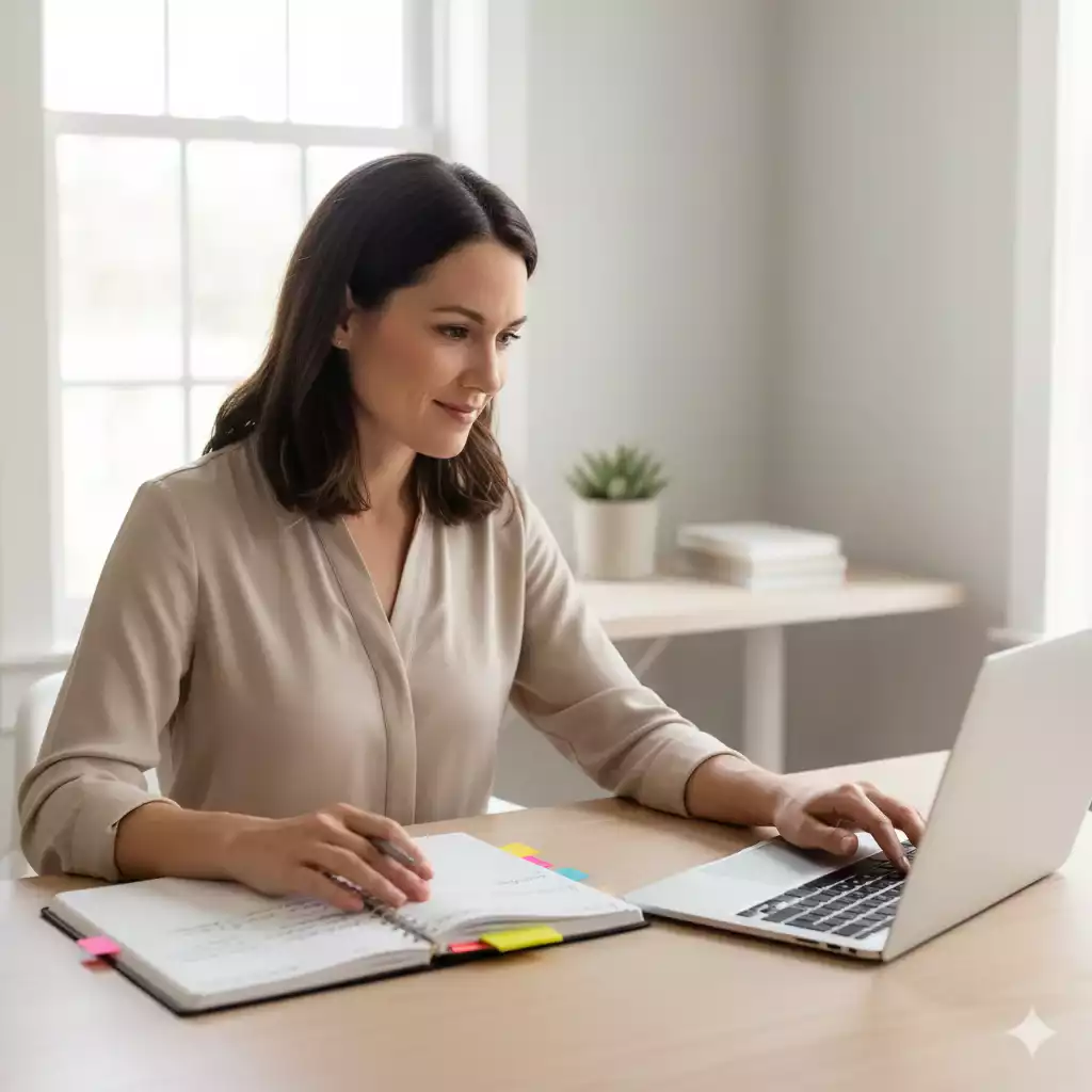 mulher fazendo revisão de metas com planner em mesa organizada