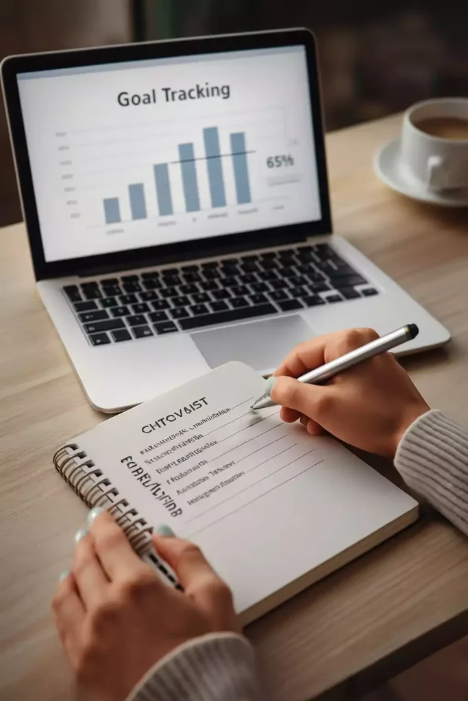 checklist digital e gráfico sendo usados para revisão de metas eficaz