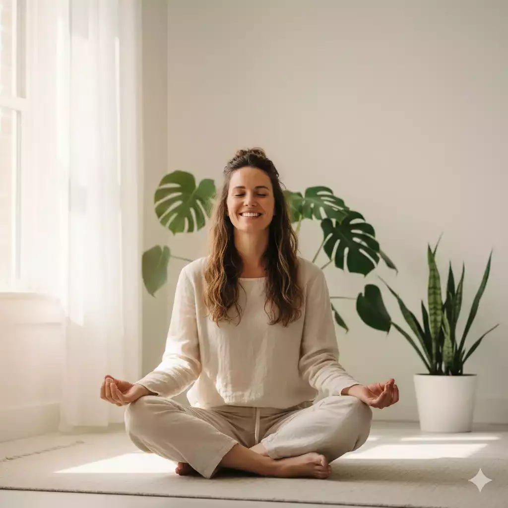 Mulher em meditação leve e consciente, expressando o que significa constância com equilíbrio emocional