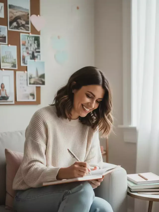 Mulher sorrindo enquanto escreve metas para o novo ano em seu planner