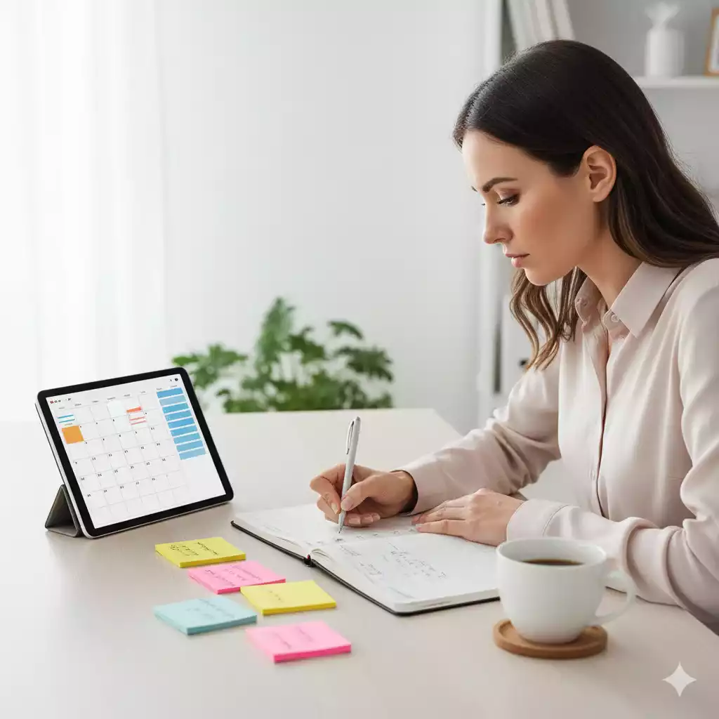 mulher organizando seu planejamento após encerrar ciclos