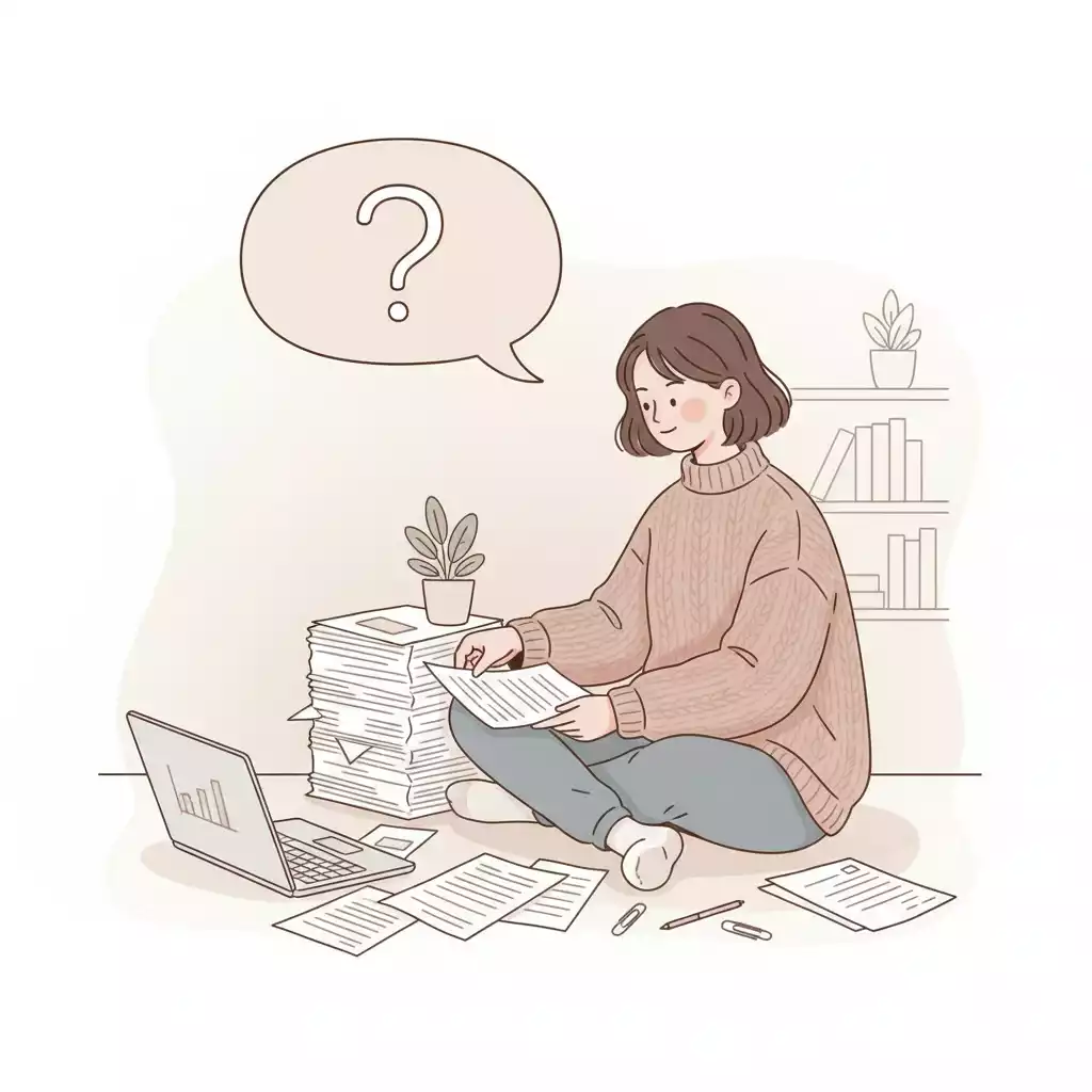 Ilustração de mulher sentada organizando metas pessoais com ícones de dúvida