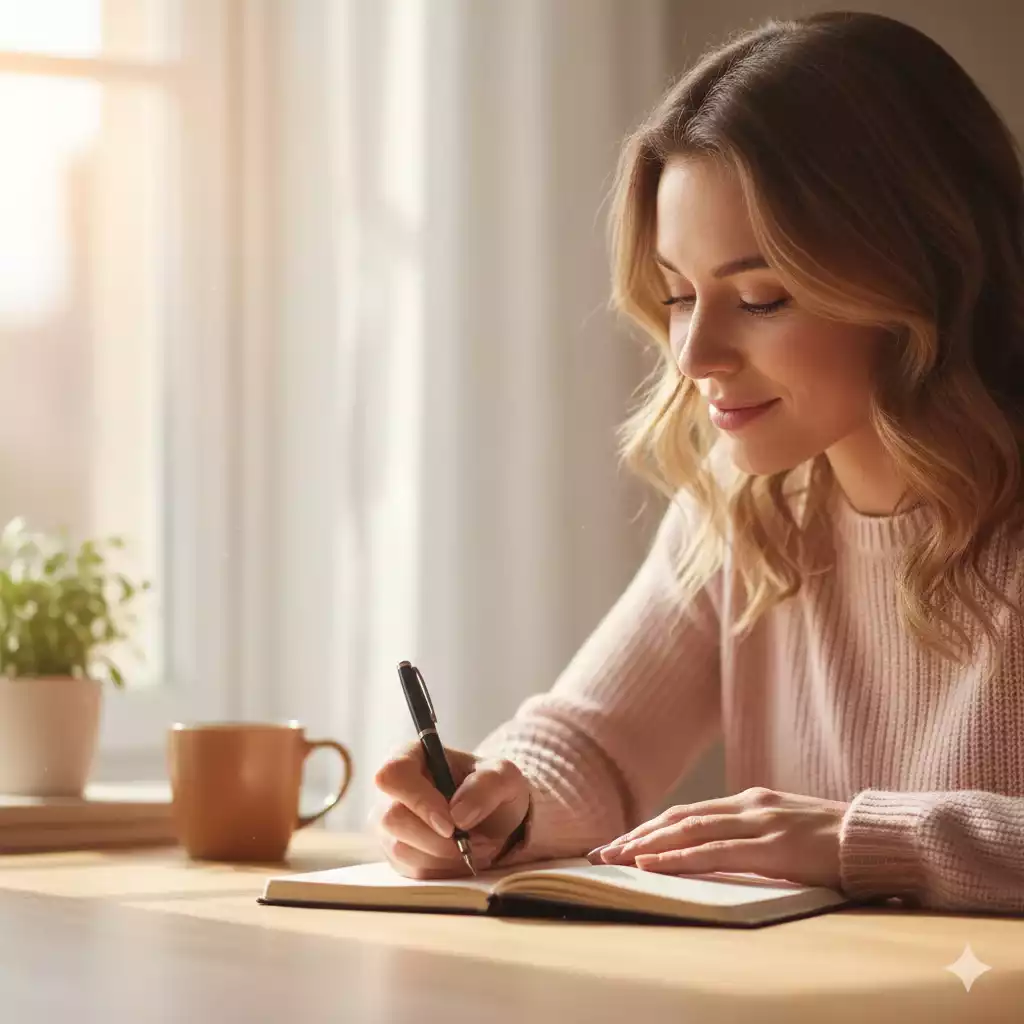 mulher escrevendo sobre o propósito em um diário
