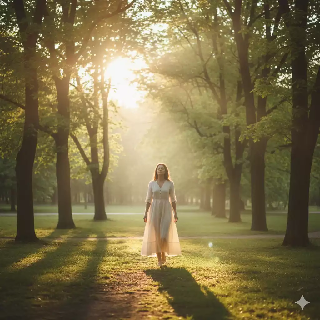 Mulher caminhando em harmonia com a natureza, refletindo o que significa constância com leveza