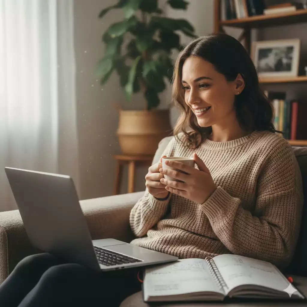 Mulher sorrindo enquanto escreve metas pessoais em seu planner