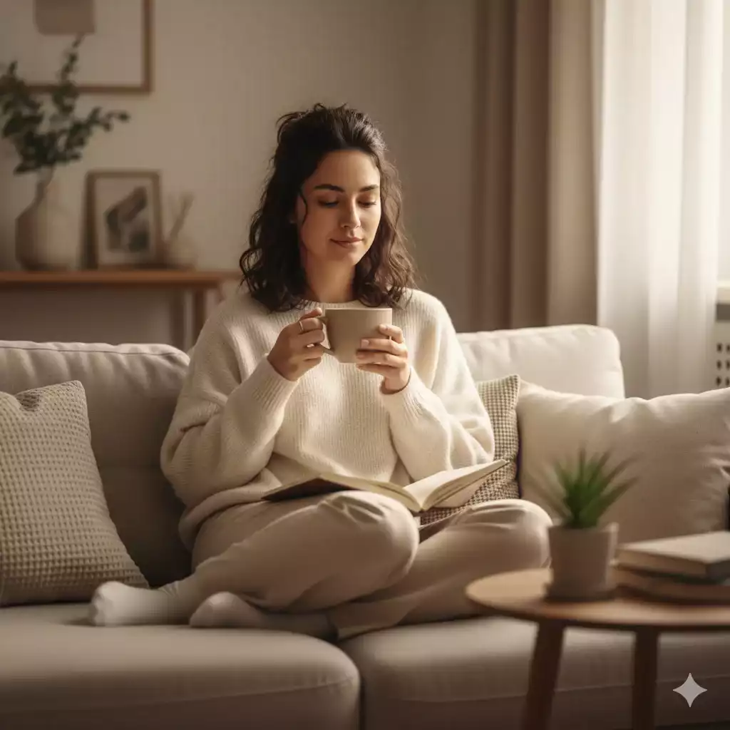 mulher relaxada refletindo sobre suas metas individuais