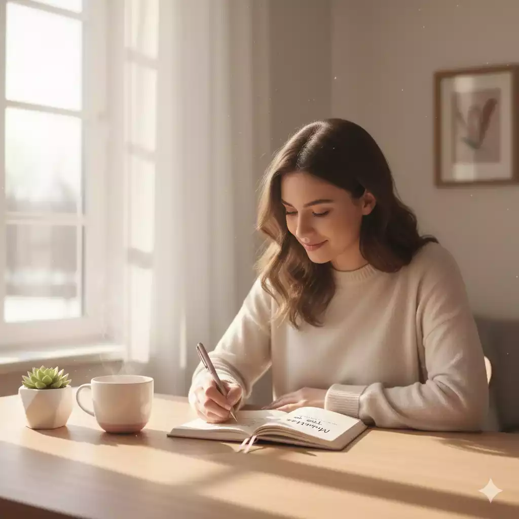 Jovem mulher iniciando planejamento com metas top no caderno