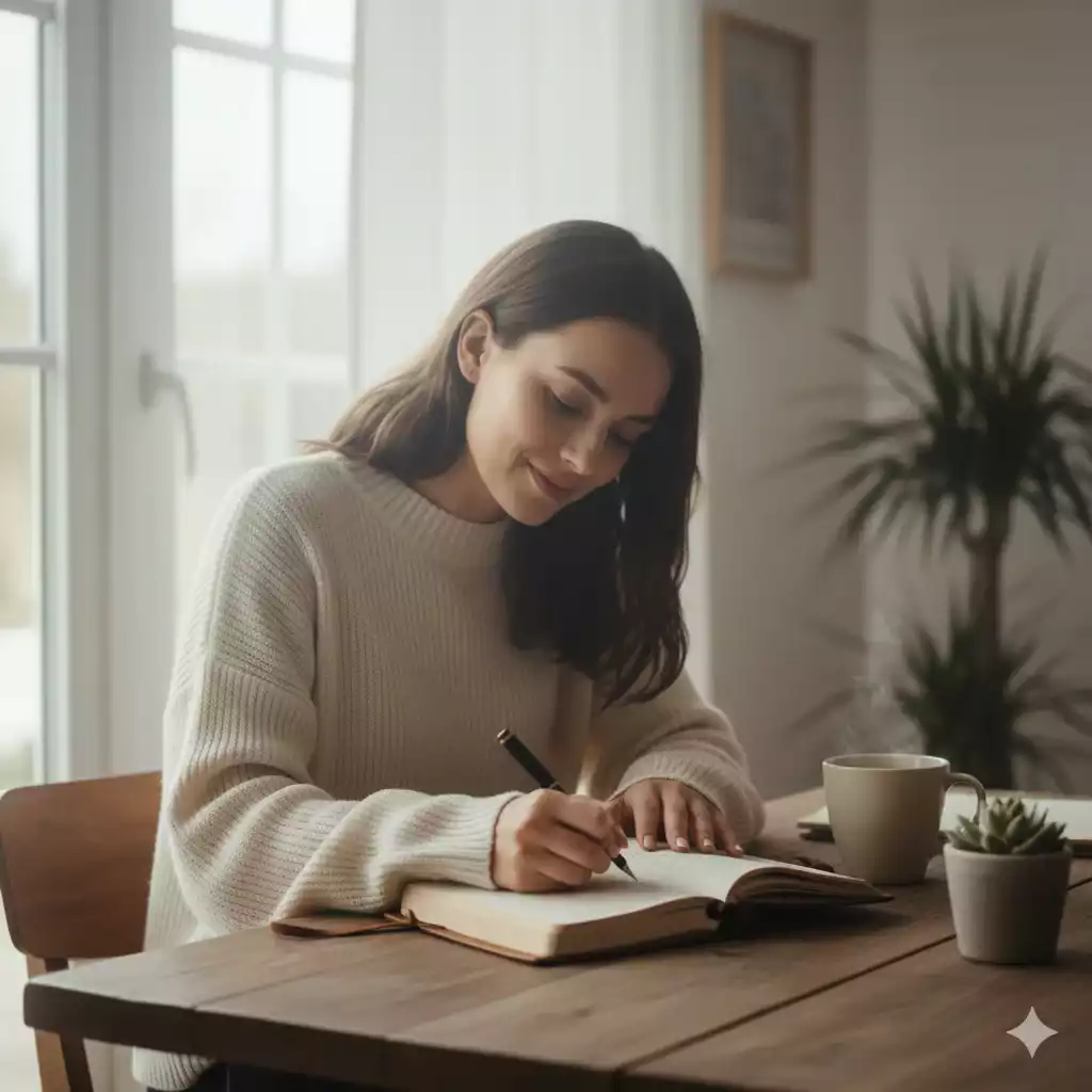 Mulher escrevendo sua missão e visão pessoal pela manhã