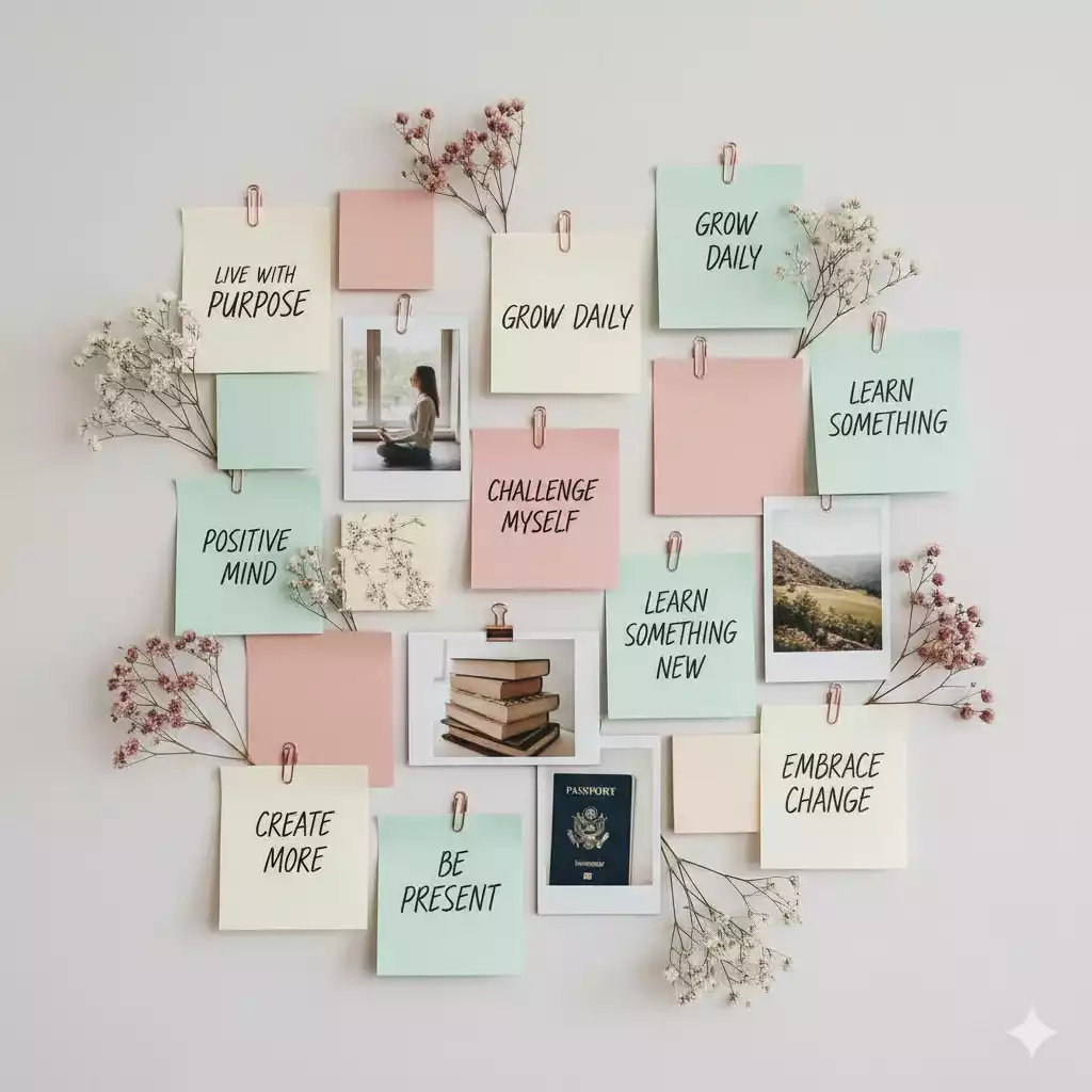 Painel com ideias de metas para o novo ano escritas em post-its e recortes