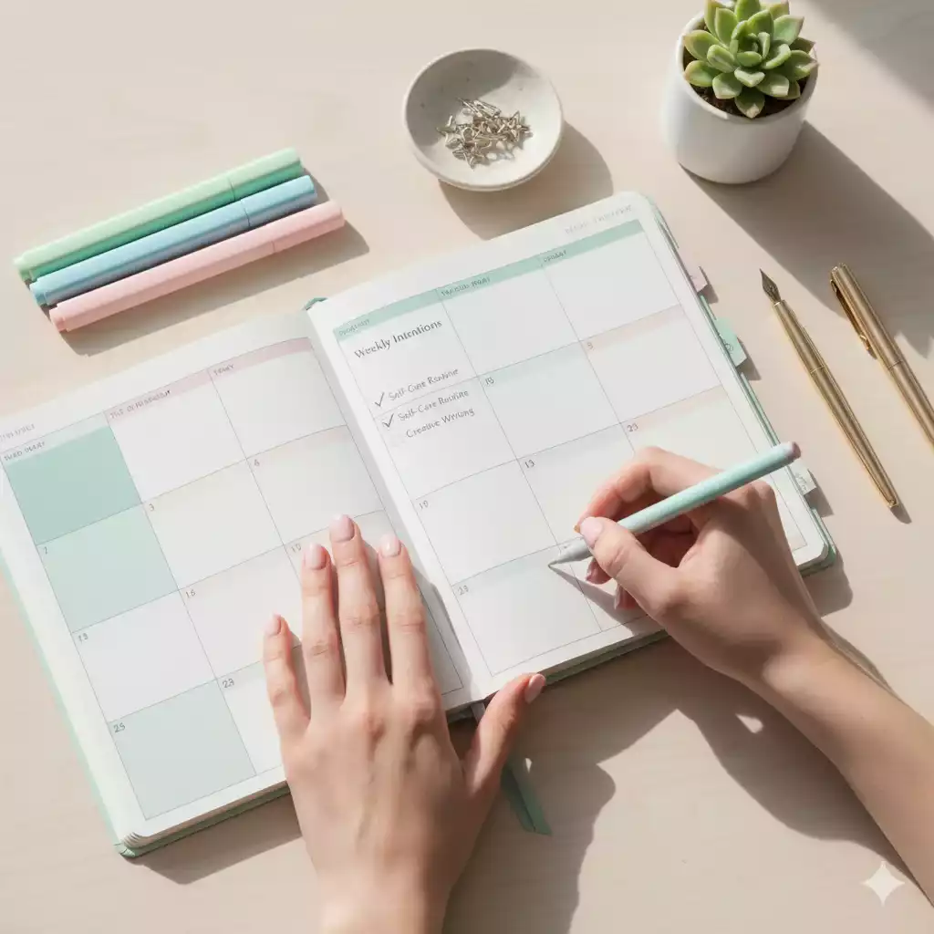 Mulher preenchendo um planner com checklist de fim de ano durante sua reflexão de Ano Novo.
