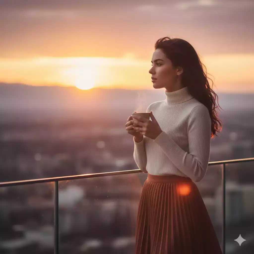 Mulher apreciando o pôr do sol enquanto faz sua reflexão de Ano Novo em silêncio.
