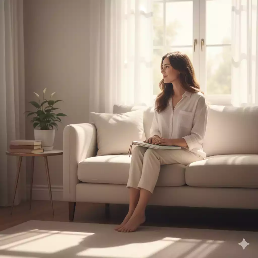 Mulher refletindo após montar suas metas para o novo ano, olhando pela janela