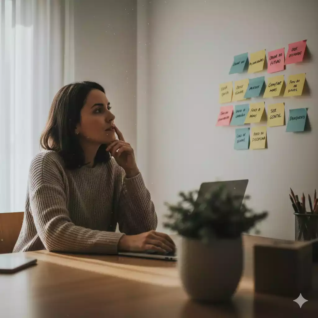 Mulher refletindo sobre suas metas pessoais com post-its motivacionais na parede