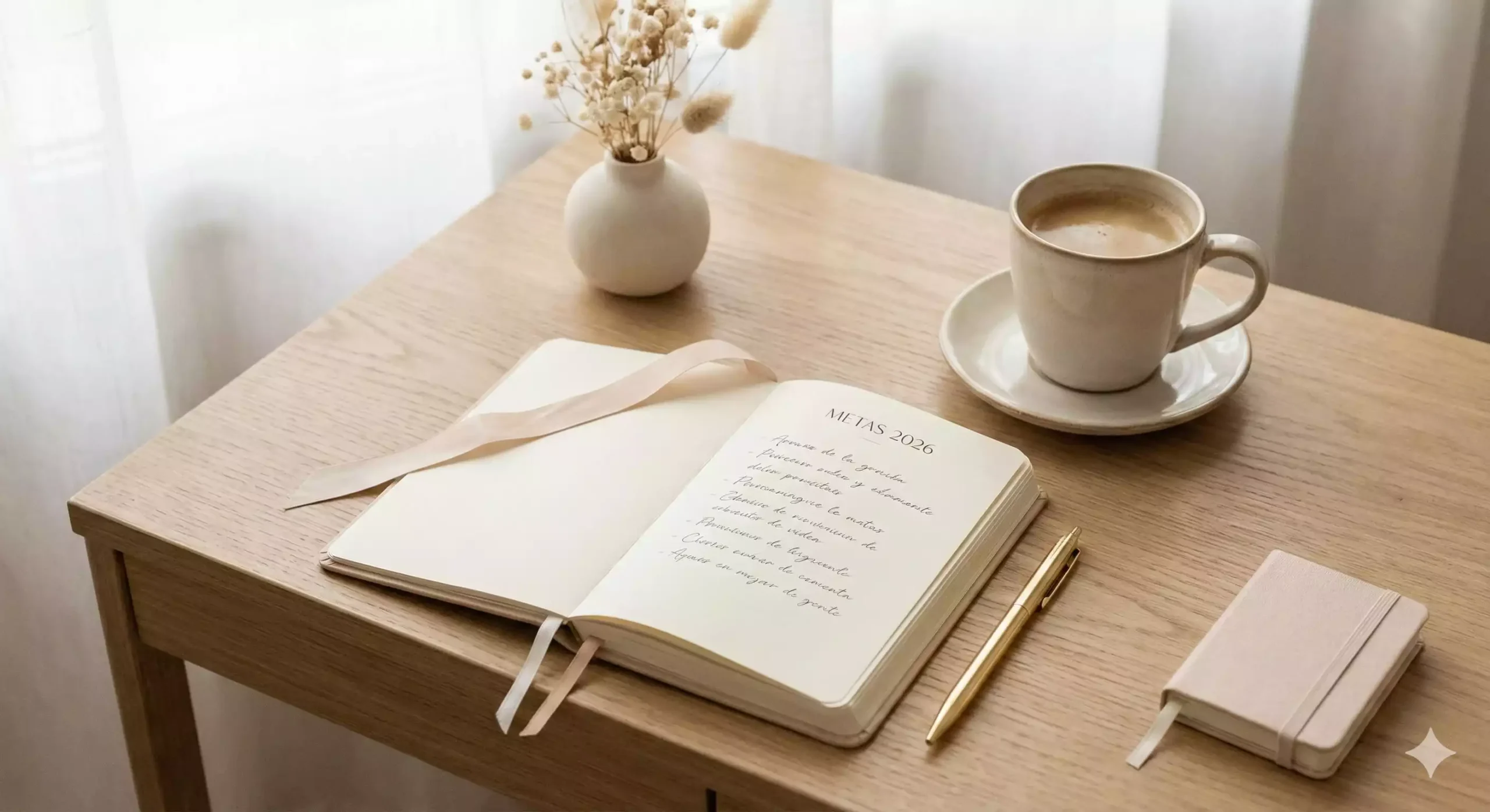 imagem feminina clara com mesa organizada e planner representando metas para 2026