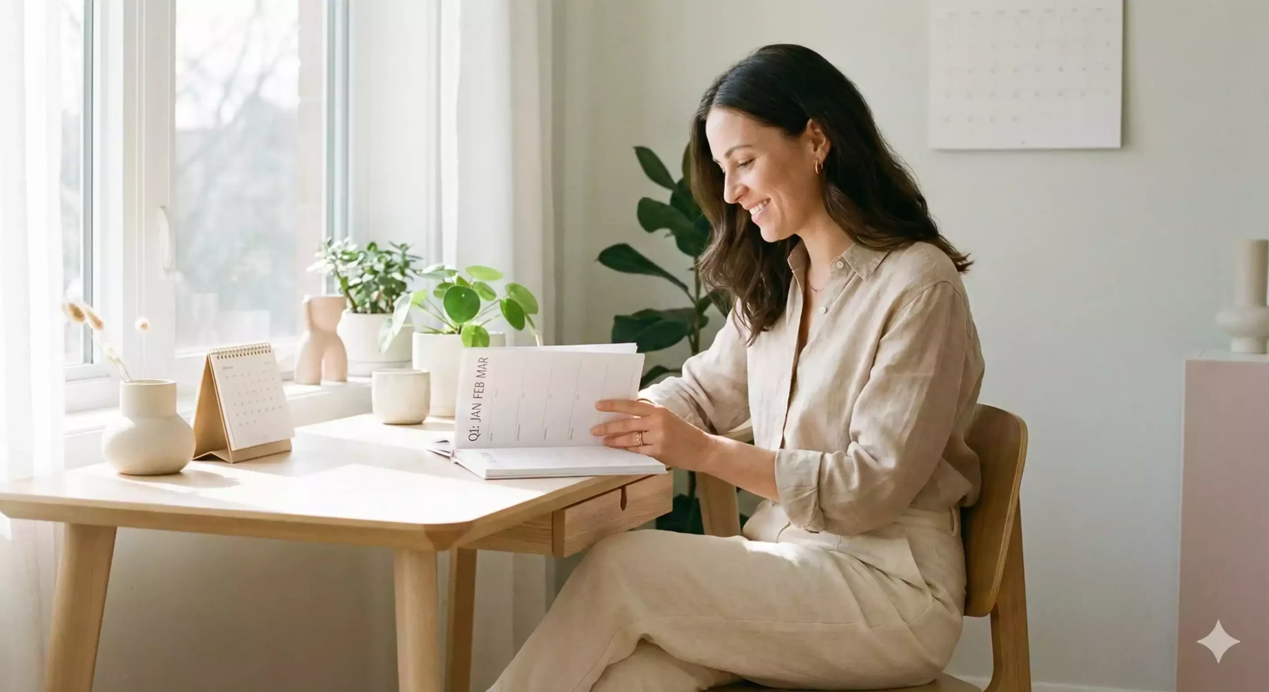 Capa do artigo mostrando mulher organizando seu planejamento trimestral em ambiente minimalista.