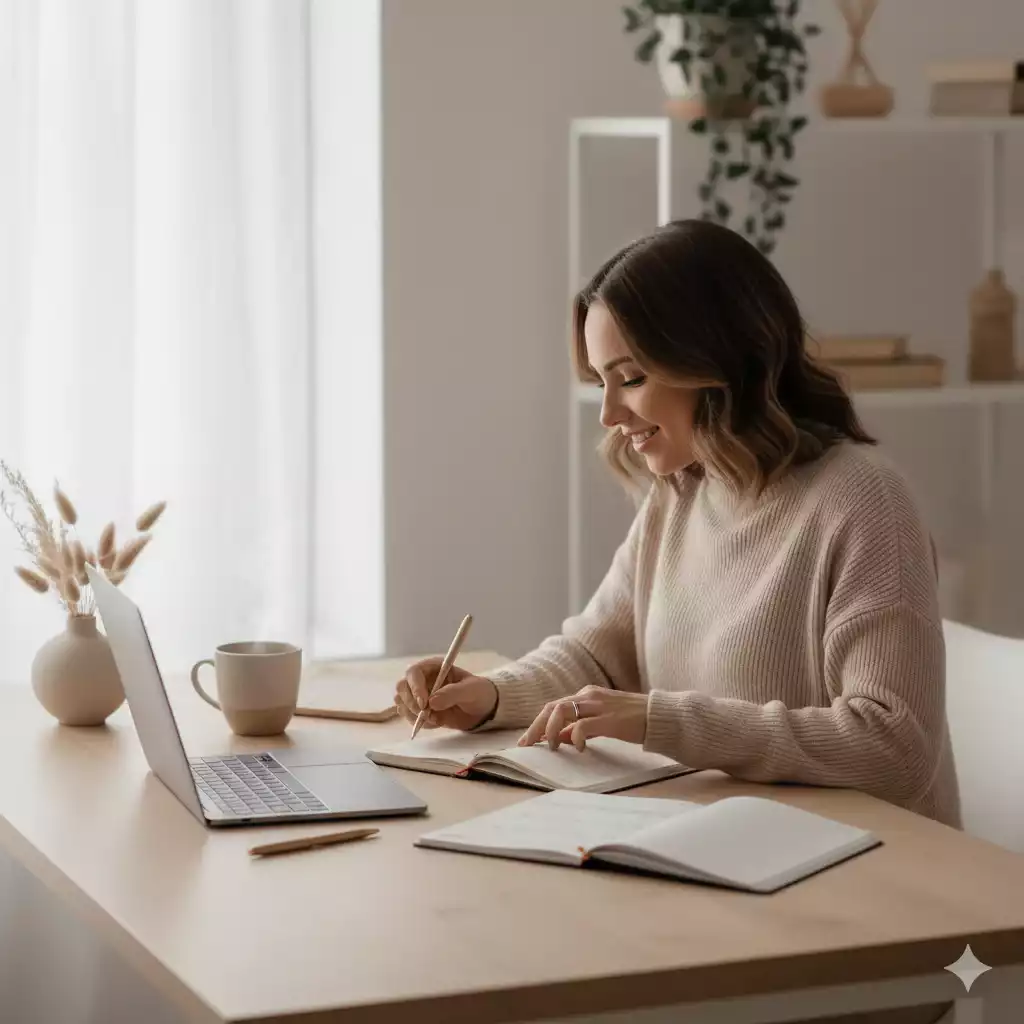 Mulher organizando o planner em um ambiente leve e minimalista, representando uma rotina organizada.