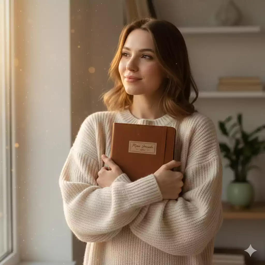 mulher segurando planner com leveza representando jornada gentil nas metas para 2026