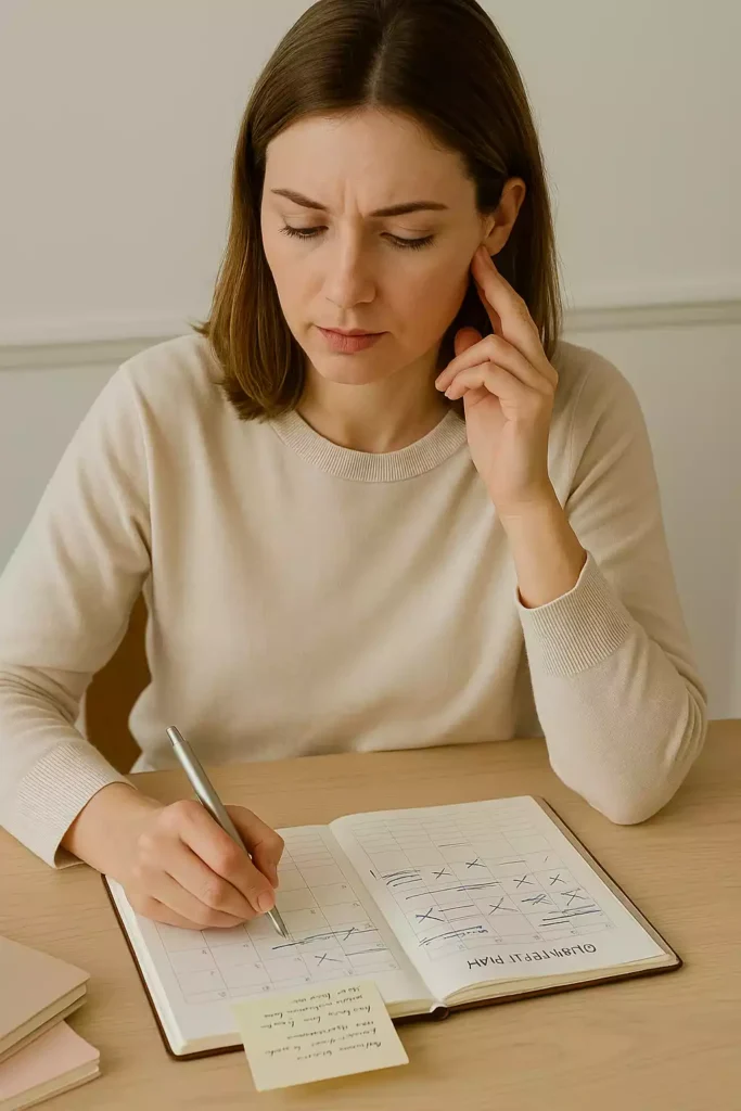 Mulher revisando erros no planejamento trimestral, ajustando anotações em um planner.